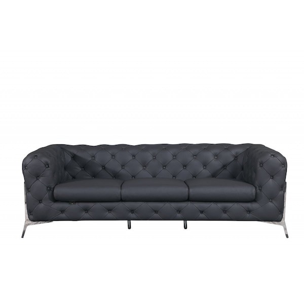 Homeroots 93" Dark Gray Italian Leather Chesterfield Sofa With Silver Legs 476529 - main