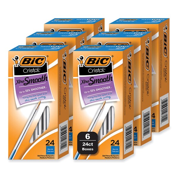 Bic Cristal Xtra Smooth Ballpoint Pen, Stick, Medium 1 mm, Blue Ink, Clear Barrel, 144PK MS144E-BLU - main