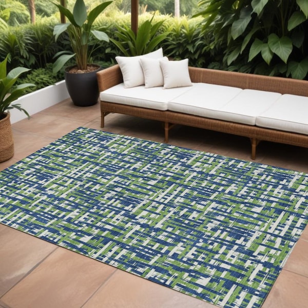 Homeroots 9' X 12' Navy Blue Green And Ivory Abstract Washable Indoor Outdoor Area Rug 602579 - main