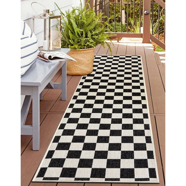 World Rug Gallery Contemporary Checkered Weather Resistant Reversible Indoor/Outdoor Rug 2 ft x 7 ft Black WR114BLACK2X7 - main