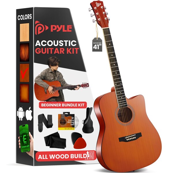 Pyle Steel String Acoustic Guitar Kit, 4/4 Full Size Cutaway All-Wood Guitarra Acustica with Premium PGSTGR007LB - main