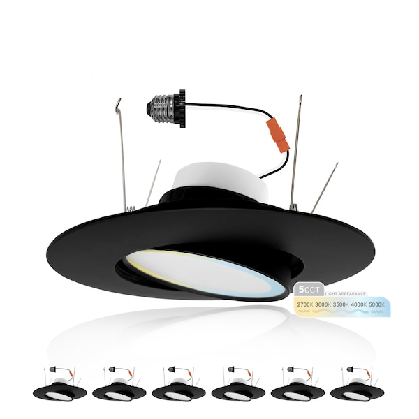 Nuwatt 5/6 Inch Black Adjustable Can Lights Sloped Ceiling Recessed Lighting, 2700K-5000K, 1200LM, 6PK NW-GMB-C6-16.5W-5CCT-BLK-6P - main