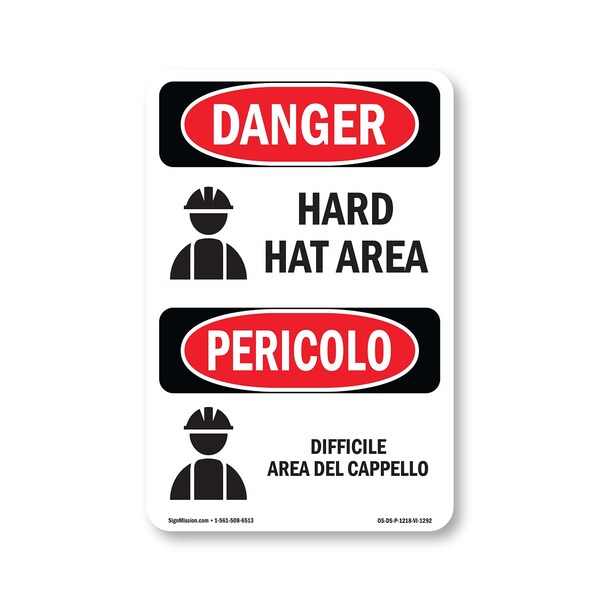 Signmission OSHA Danger Sign, Hard Hat Area Bilingual, 18in X 12in Rigid Plastic, OS-DS-P-1218-VI-1292 OS-DS-P-1218-VI-1292 - main