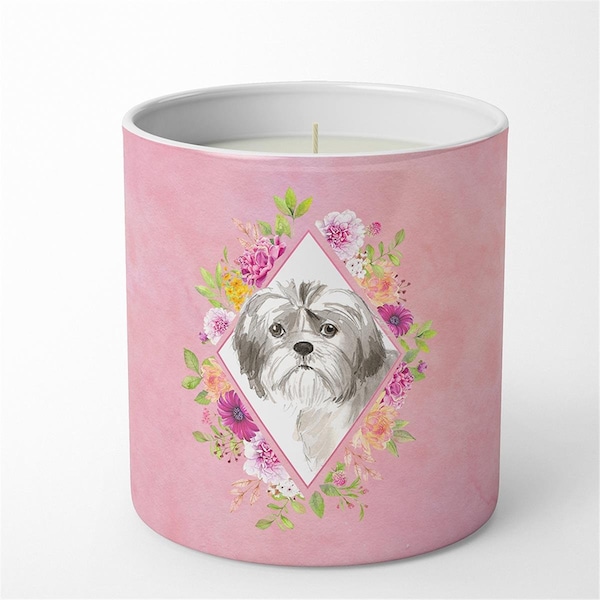 Jensendistributionservices 10 oz Shih Tzu Puppy Pink Flowers Decorative Soy Candle MI2553598 - main