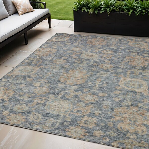 Homeroots 5' X 8' Denim Blue Brown And Beige Damask Washable Indoor Outdoor Area Rug 603846 - main