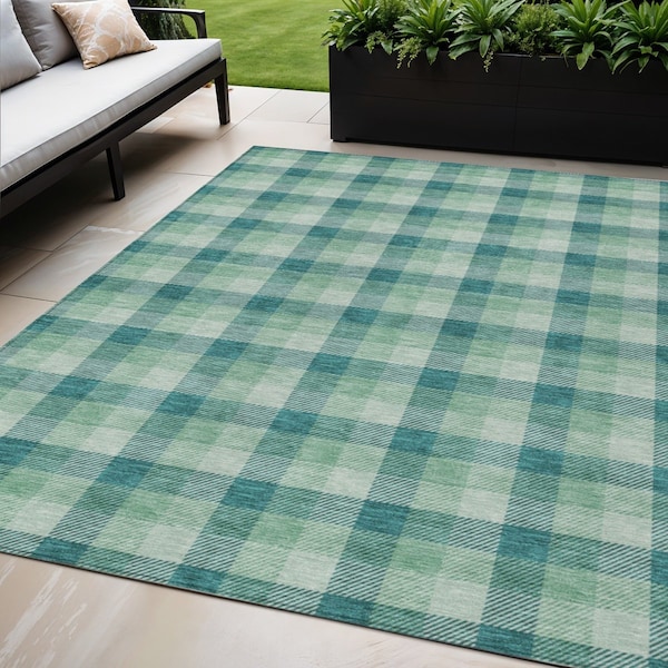 Homeroots 5' X 8' Blue And Green Plaid Washable Indoor Outdoor Area Rug 601435 - main