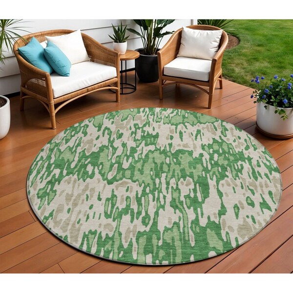 Homeroots 8' Green And Gray Round Striped Washable Indoor Outdoor Area Rug 596670 - main