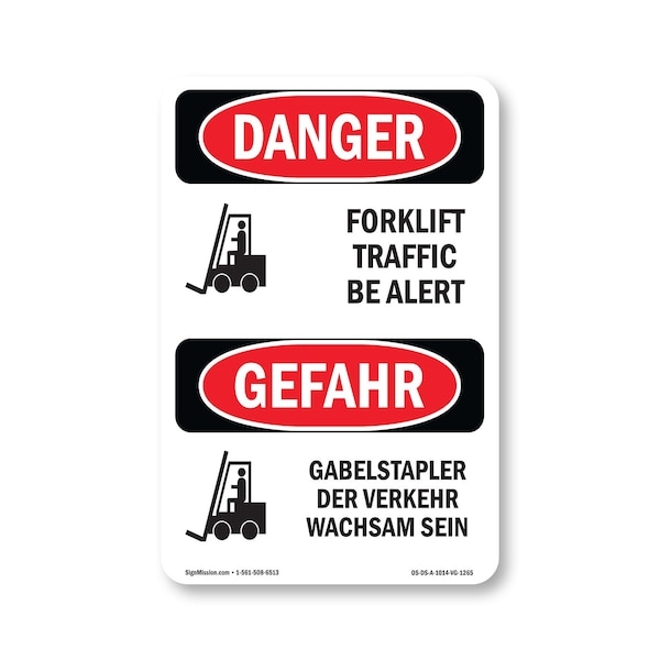 Signmission OSHA Danger Sign, 14" Height, Aluminum, Forklift Traffic Be Alert Bilingual, 1014-VG-1265 OS-DS-A-1014-VG-1265 - main