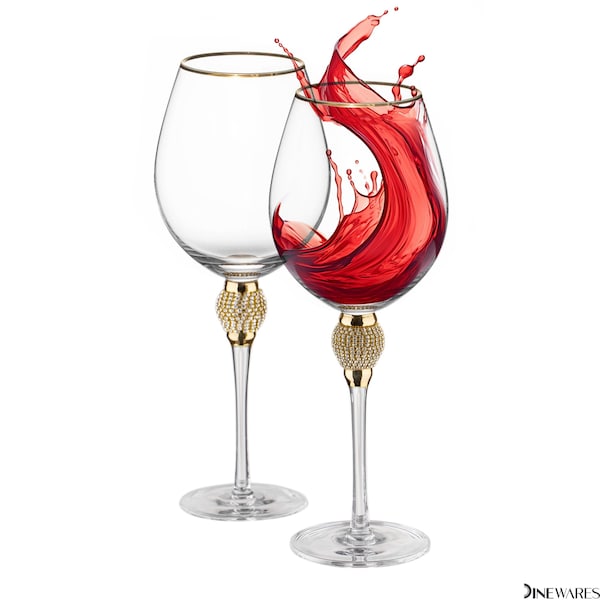 Dinewares Set of 2 Gold-Rimmed Red Wine Glasses with Diamond Rhinestone Accent - 18 oz, 10 Inches Tall - QI004758.GD.2 - main