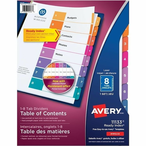 Avery Dennison Avery Ready Index T.O.C. Reference Divider, 1 to 8, 8.5"x11", 8 Tabs, White/Multi 11133 - main