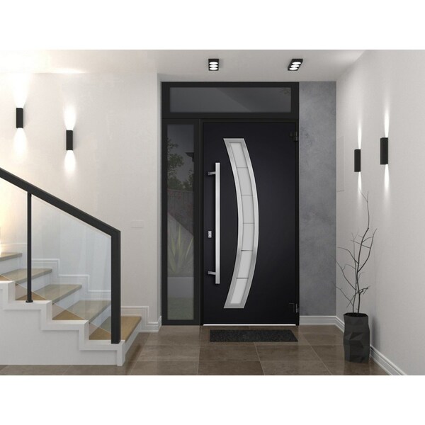 Vdomdoors Steel Door Deux 6500 Black Sidelight and Transom Window Stainless Inserts Single Modern Painted-W36 DEUX6500EXD-BLK-W36+14 x H80+16-Left-hand Inswing - main