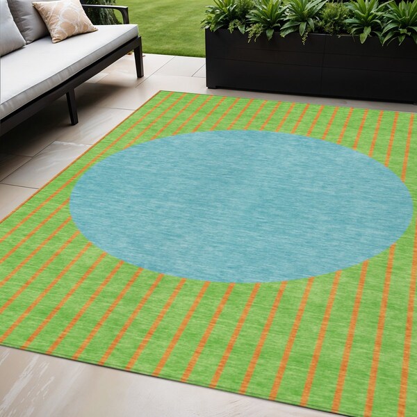 Homeroots 5' X 8' Lime Green And Blue Striped Washable Indoor Outdoor Area Rug 597176 - main