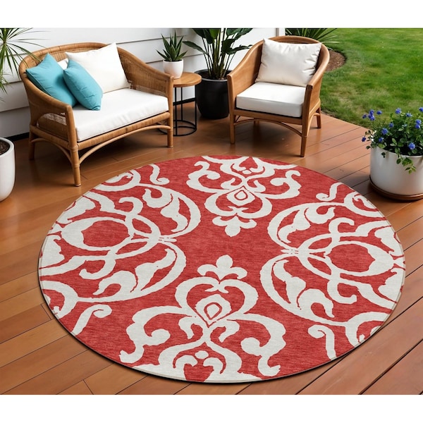 Homeroots 8' Red And Ivory Round Damask Washable Indoor Outdoor Area Rug 614457 - main
