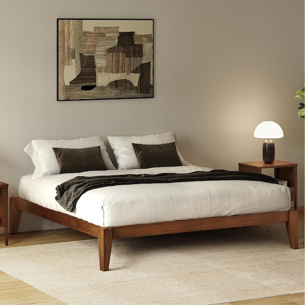Allforwood Queen Wood Bed Frame, Solid Wood Platform Bed, Walnut Finish 805669 - main