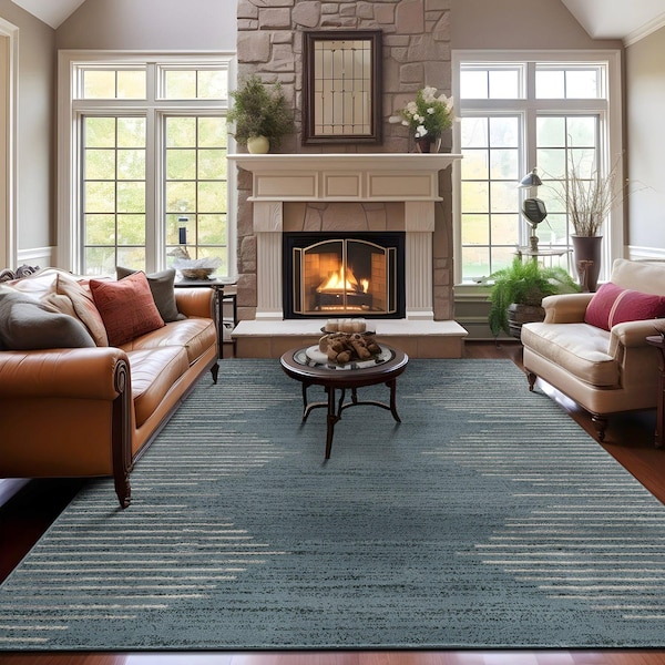 World Rug Gallery Bohemian Stripe Stain Resistant Area Rug 7 ft 10 in x 10 ft Blue 385BLUE8X10 - main