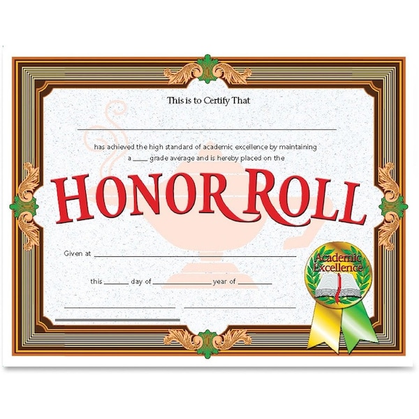 Hayes Honor Roll Certificate, 30 Per Pack, PK3, Recommended Grade: K-12 VA612 - main