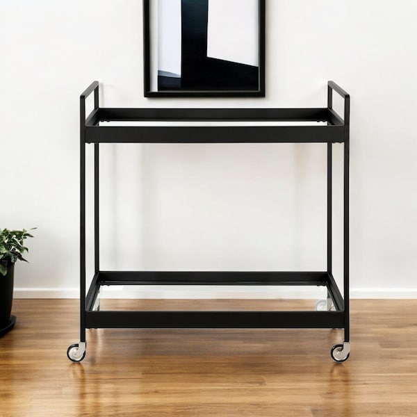 Homeroots 33" Black Steel and Glass Rolling Bar Cart 530445 - main