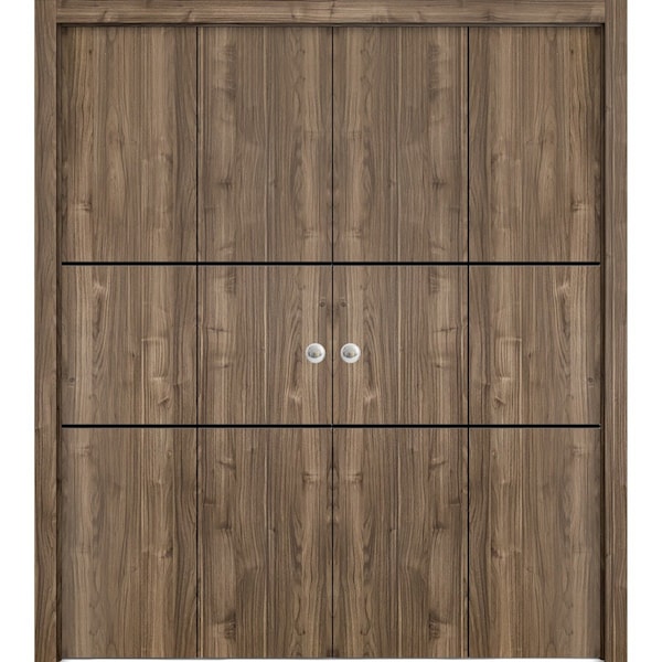 Sartodoors Sliding Closet Double Bi-fold Doors, Planum 0014 Walnut and Aluminum Strips, Sturdy Tracks Moldings PLANUM0014DBF-WLN-72 x 84 (4* 18x84) - main