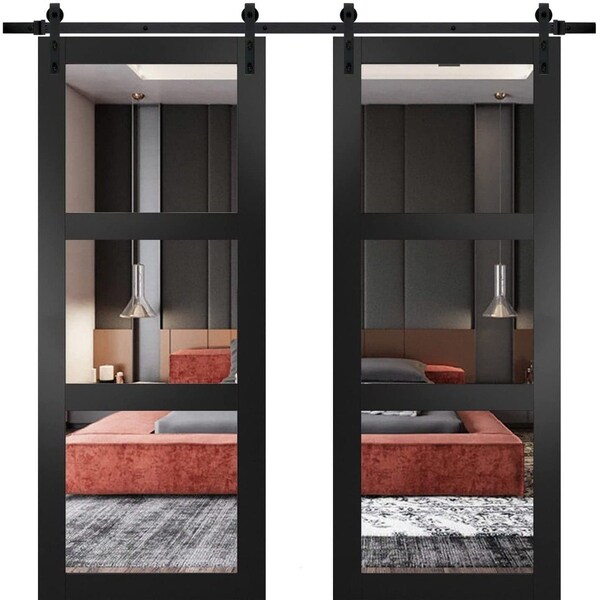 Sartodoors Sturdy Double Barn Door with, Lucia 2555 Matte Black with Clear Glass, 13FT Rail Hangers Heavy Set LUCIA2555DB-BLK-6096 - main
