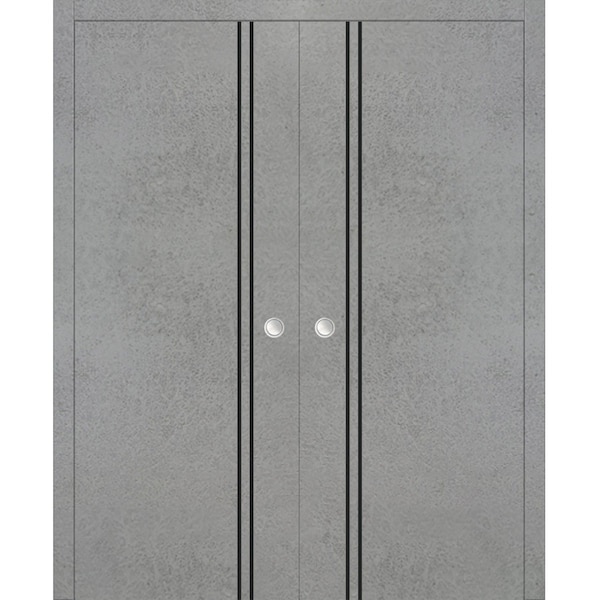 Sartodoors Modern Double Pocket Doors, Planum 0016 Concrete and Aluminum Strips, Kit Trims Rail Hardware, Soli PLANUM0016DP-BTN-3684 - main