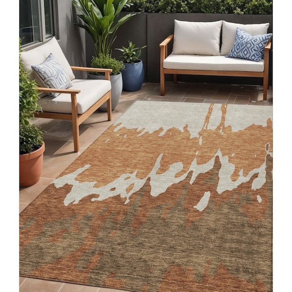 Homeroots 5' X 8' Orange And Brown Abstract Washable Indoor Outdoor Area Rug 613645 - main