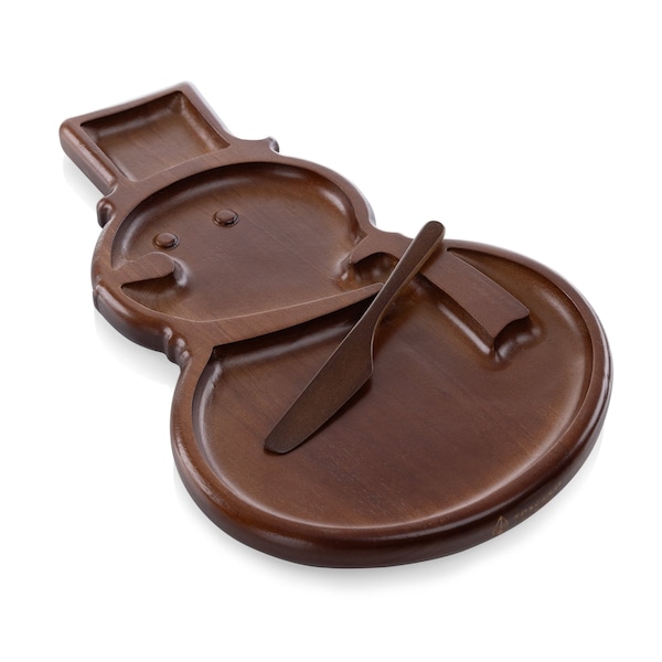 Picnic Time Family Of Brands Reversible Snowman Sectioned Serving Tray with Knife, Stained Parawood 847-06-512-000-0 - main