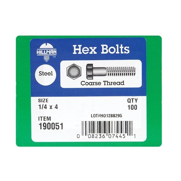 Hillman 1/4 in. D X 4 in. L Zinc Plated Steel Hex Bolt, 100PK 190051 - main