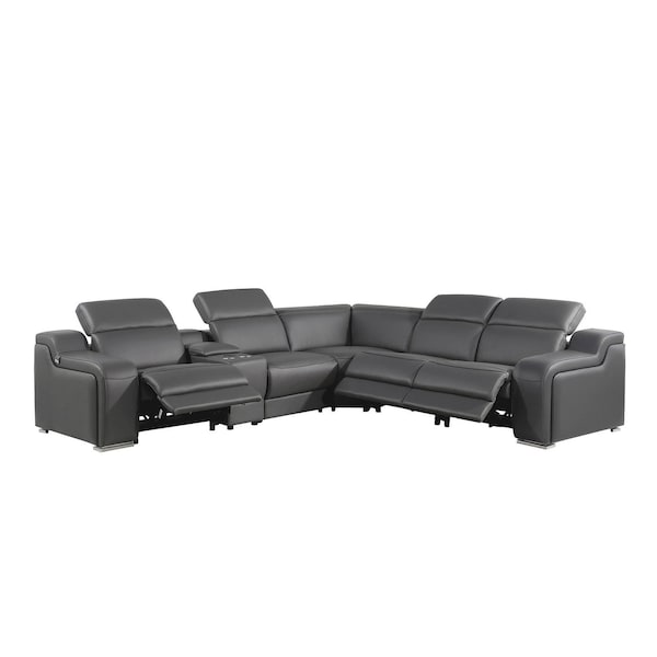 Homeroots Dark Gray Italian Leather Power Reclining L Shaped Six Piece Corner Sectional With Console 544982 - main