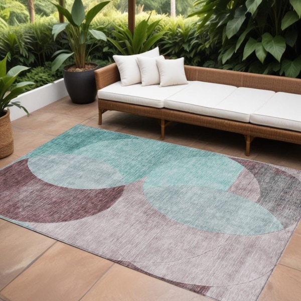 Homeroots 10' X 14' Teal Blue Brown And Beige Geometric Washable Indoor Outdoor Area Rug 604958 - main