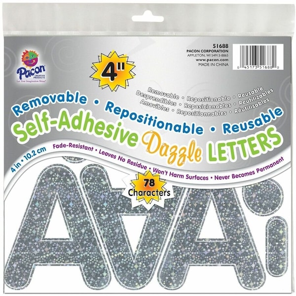 Pacon Self-Adhesive Letters, Silver Dazzle, Puffy Font, 4in, 78 Count, PK2 P0051688 - main