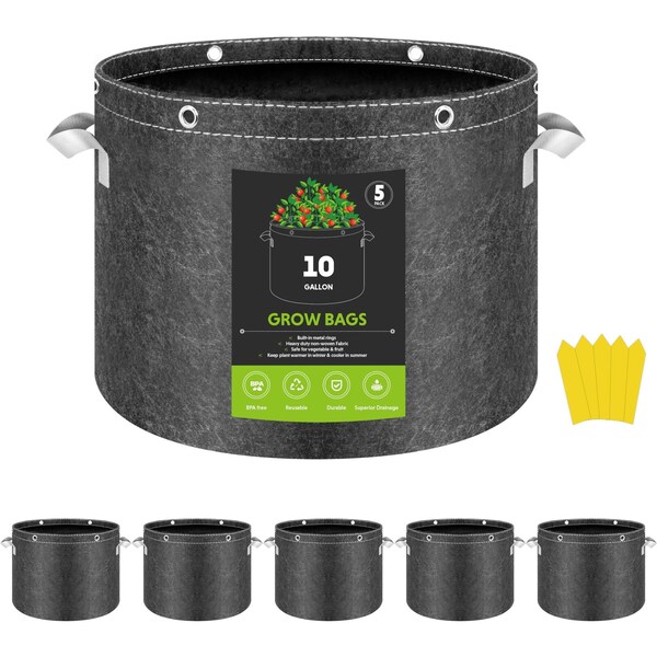 Ipower InfiniPower 10 Gallon Plant Grow Bags, 400G Thick Nonwoven Fabric Pots, 5PK GLGROWBAG10X5GRY - main