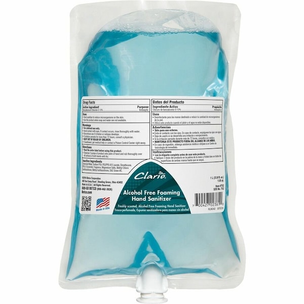 Betco Clario Hand Sanitizer Foam - Light Fresh, Fresh Neutral Scent - 1.06 quart - Kill Germs, Bacteria, 6PK 75229-00 - main