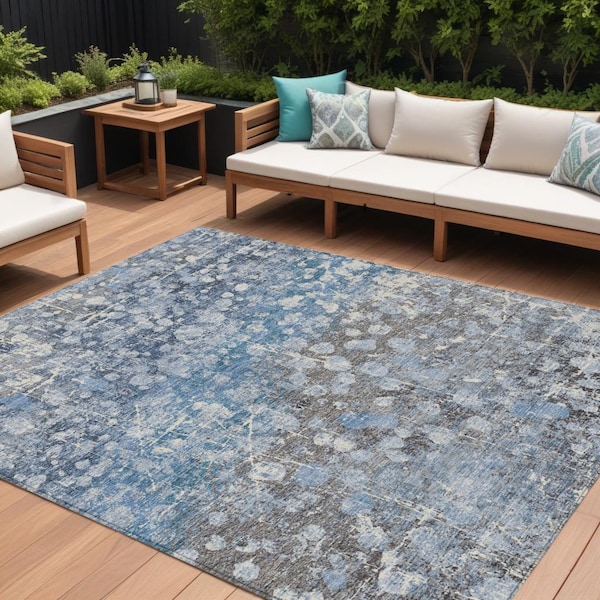 Homeroots 9' X 12' Blue And Gray Abstract Washable Indoor Outdoor Area Rug 631949 - main