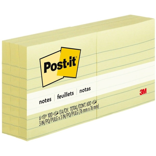 3M Post-it, Original Pads In Canary Yellow, 3 X 3, Lined, 100-Sheet, 6/pack 6306PK - main