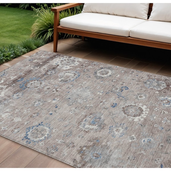 Homeroots 10' X 14' Taupe And Brown Floral Washable Indoor Outdoor Area Rug 609527 - main