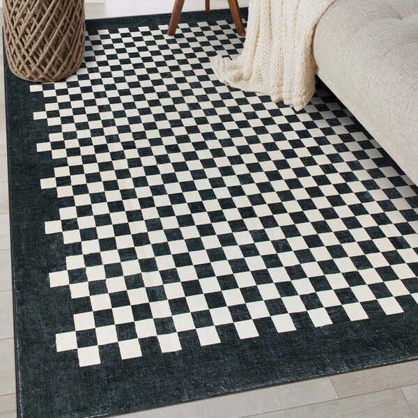 World Rug Gallery Contemporary Checkered Border Washable Non Slip Area Rug 3 ft x 5 ft Black WR81BLACK3X5 - main