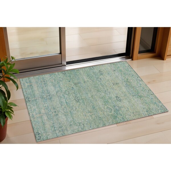 Homeroots 3' X 5' Teal Blue And Linen Oriental Washable Indoor Outdoor Area Rug 631137 - main