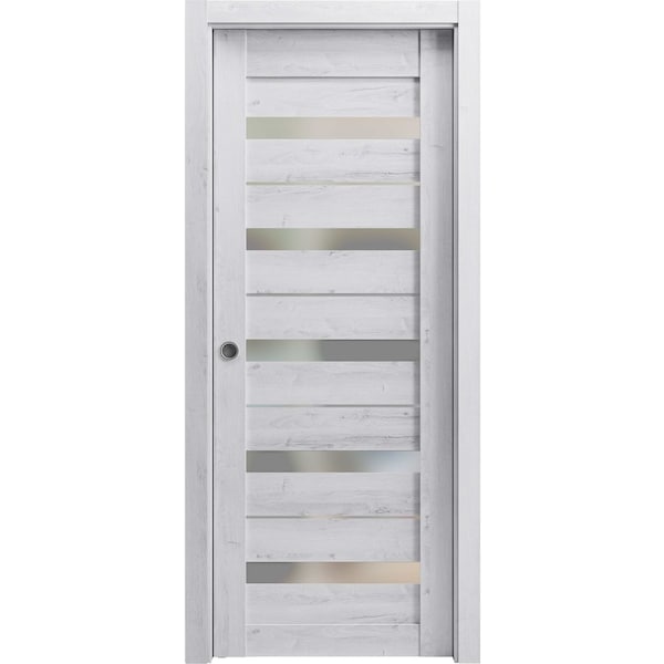 Sartodoors Sliding French Pocket Door 18 x 96in, Nordic White W/ Frosted Glass, Kit Trims Rail Hardware QUADRO4445PD-NOR-1896 - main