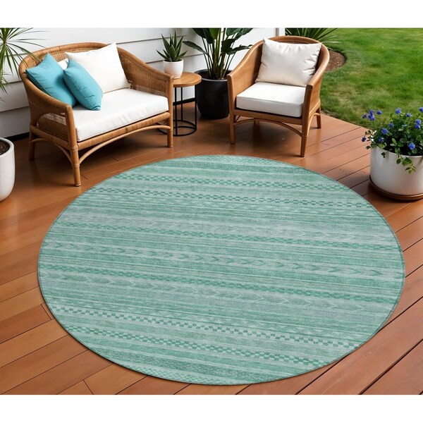 Homeroots 8' Turquoise And Aqua Round Striped Washable Indoor Outdoor Area Rug 615382 - main