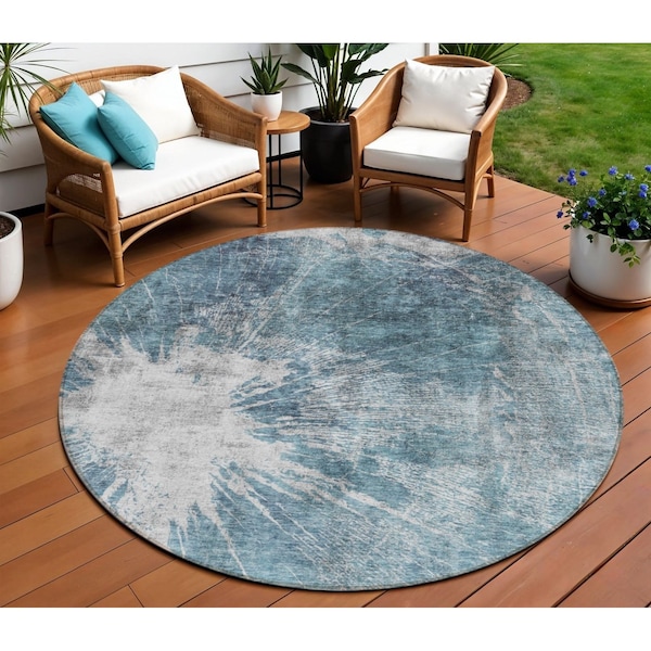 Homeroots 8' Teal Blue Navy Blue And Gray Round Abstract Washable Indoor Outdoor Area Rug 582964 - main