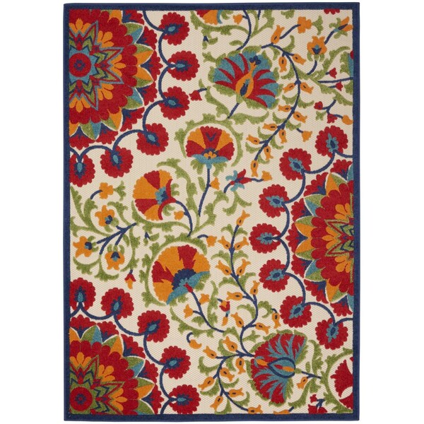 Homeroots 8' X 11' Navy Blue Beige Green Blue And Red Floral Indoor Outdoor Area Rug 546789 - main