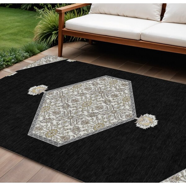 Homeroots 9' X 12' Black Gray And Ivory Oriental Washable Indoor Outdoor Area Rug 598176 - main