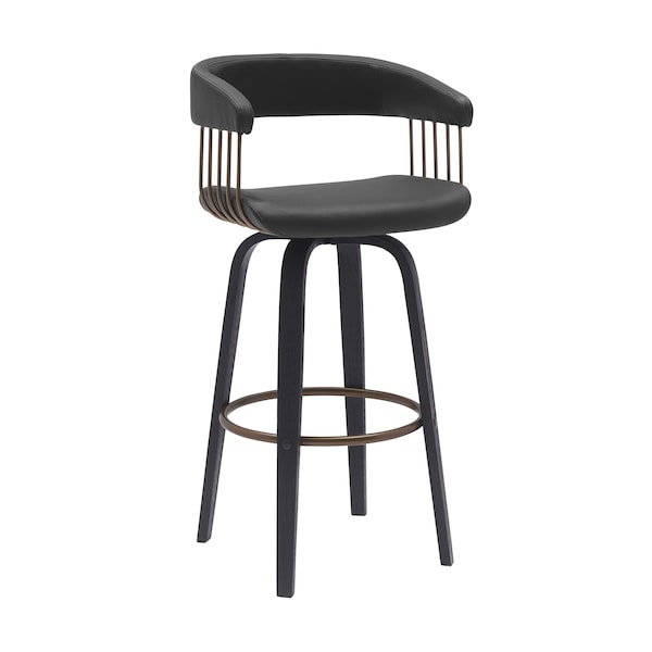 Armen Living Topanga 30.5in Swivel Black Wood Bar Stool in Black Faux Leather with Golden Bronze Metal LCTOBABLKBLK30 - main