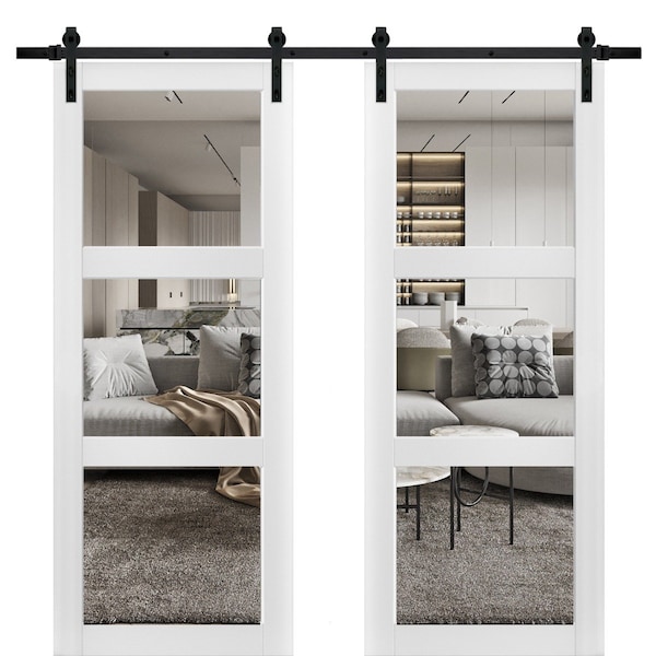 Sartodoors Sliding Double Barn Doors with Hardware, Lucia 2555 White Silk with Clear Glass, 13FT Rail Sturdy LUCIA2555DB-WS-36 - main