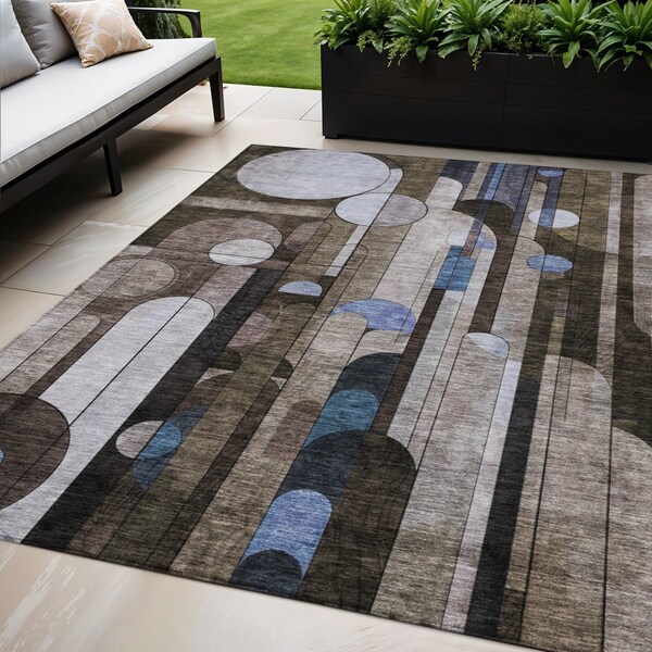 Homeroots 5' X 8' Brown Gray And Blue Geometric Washable Indoor Outdoor Area Rug 604495 - main