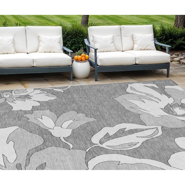 Homeroots 9' X 12' Gray And Silver Floral Washable Indoor Outdoor Area Rug 589540 - main