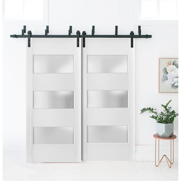 Sartodoors Sliding Closet 3 Lites Barn Bypass Doors, Lucia 4070 White Silk with Frosted Glass, Sturdy 6.6ft Ra LUCIA4070BBB-WS-36 - main