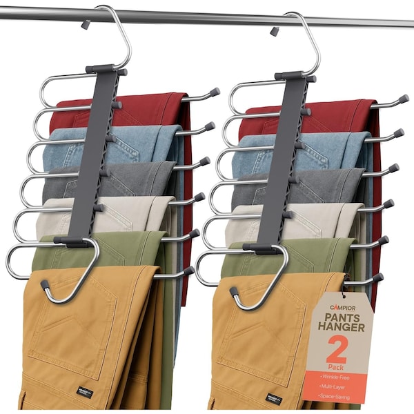 Campior Space Saving Pants Hangers 2 Pack, 6-Layer S-Type Stainless Steel, Anti-Slip, Gray CMPSSHANGR-2pk - main
