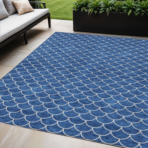 Homeroots 5' X 8' Blue And Ivory Geometric Washable Indoor Outdoor Area Rug 596178 - main