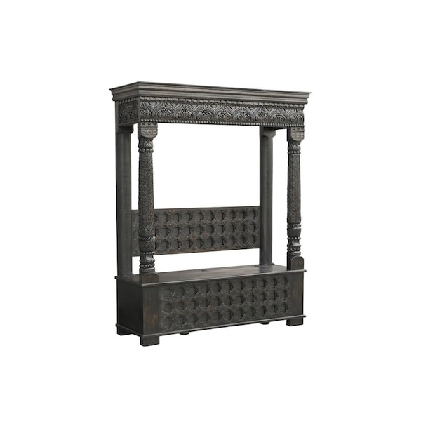 Homeroots 70in Black Floral Solid Wood Solid Wood Storage Bench with Flip Top 635823 - main